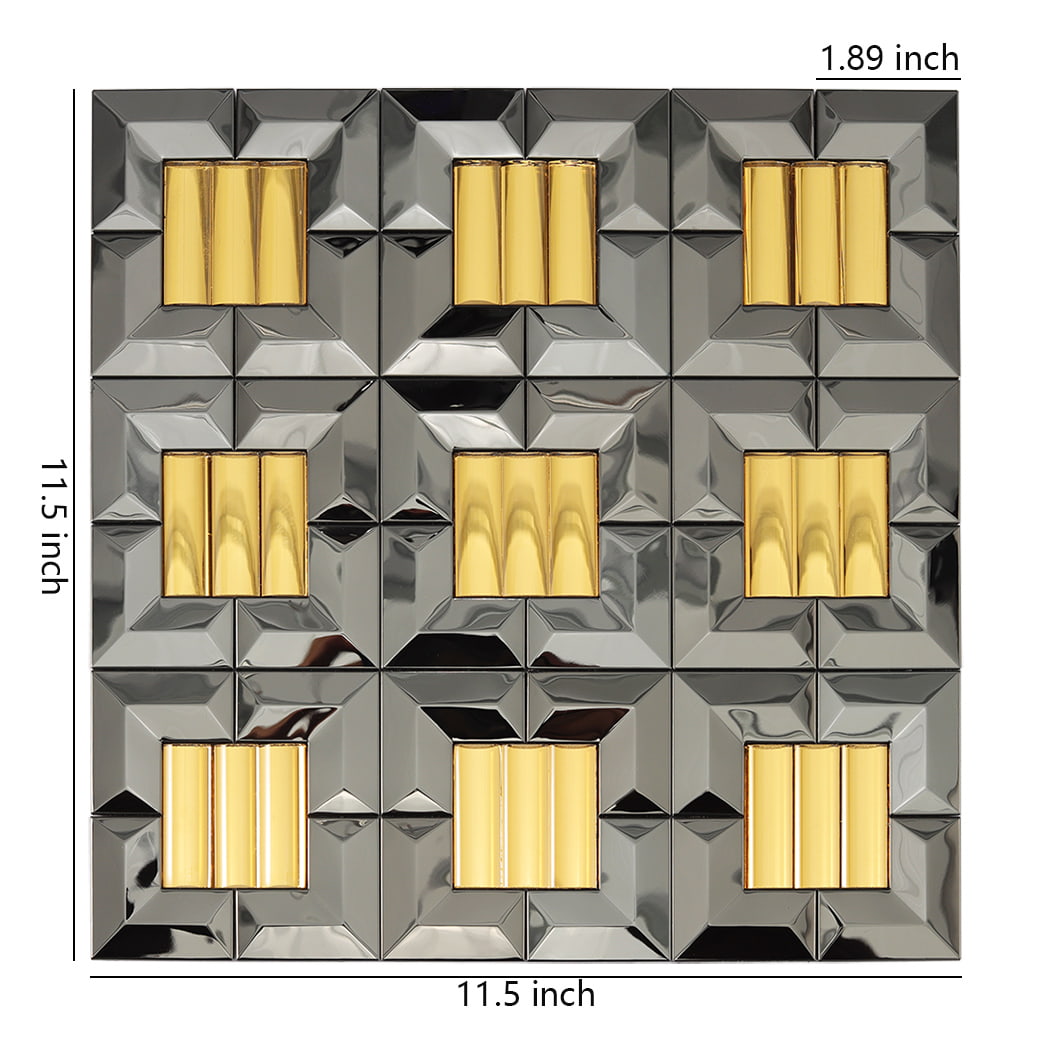 A top-down view of a 3x3 gold and black mirror mosaic tile with 11.5 inch dimensions.
