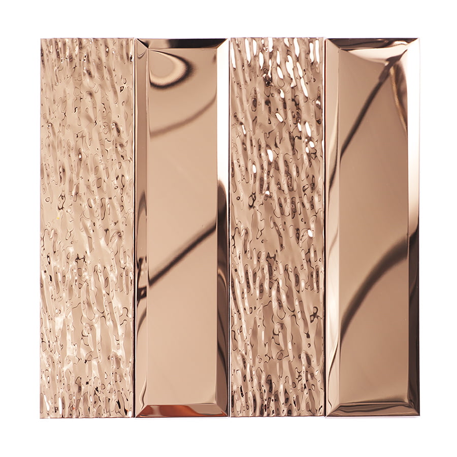 Front view of mirror rose gold stainless steel mosaic tile with glossy and textured finish