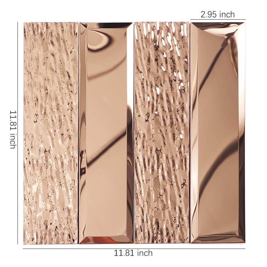 Mirror rose gold stainless steel mosaic tile with size measurements in inches