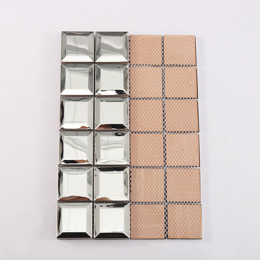 Back mesh view of mirror silver stainless steel square mosaic tiles