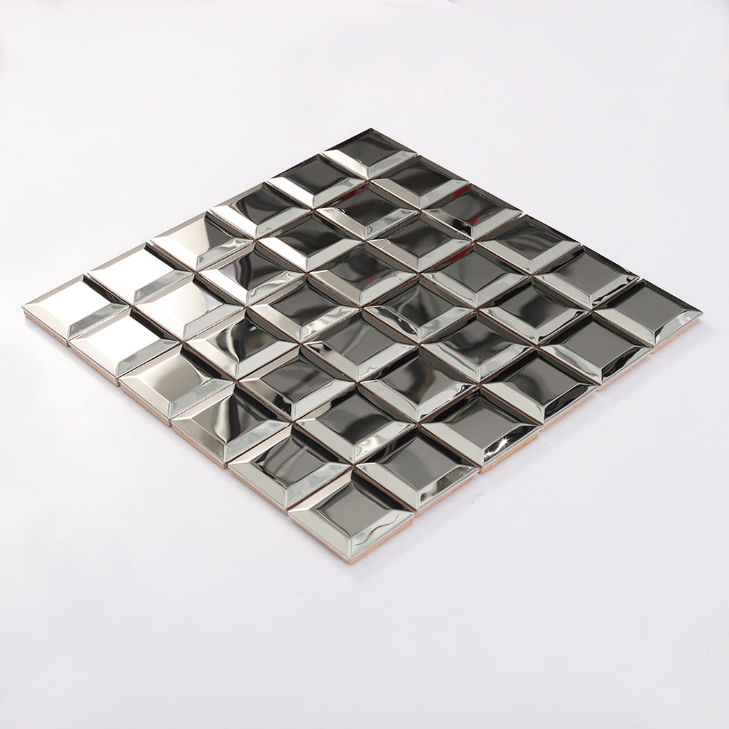Angled view of mirror silver stainless steel square mosaic tile sheet