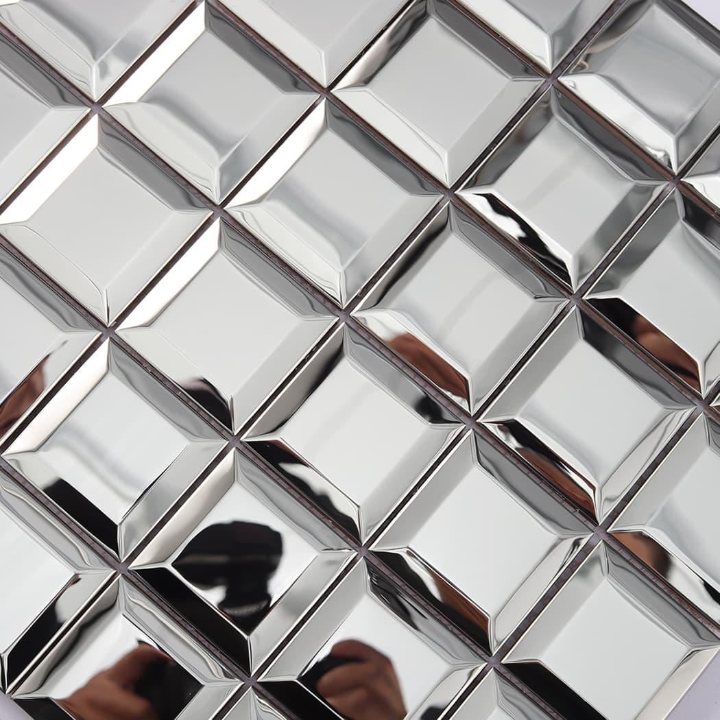 Detailed surface texture of mirror silver stainless steel mosaic tiles