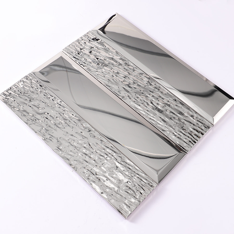 Angled view of mirror silver rectangle tile with 3D glossy and textured finish