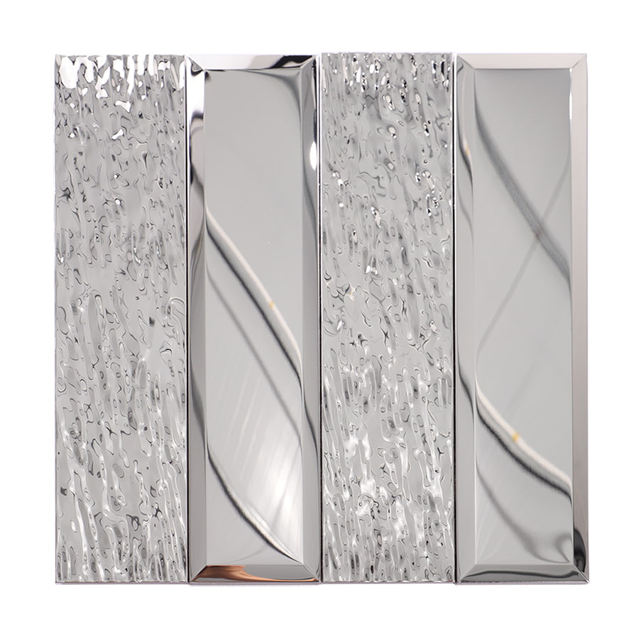 Front view of mirror silver stainless steel rectangle tile with glossy and textured surface