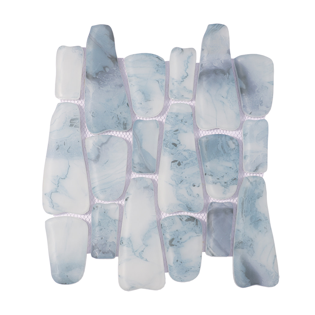 Misty blue irregular pebble glass tile sheet with soft cloudy patterns