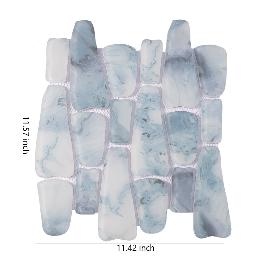 Misty blue irregular pebble glass tile sheet measuring 11.42 x 11.57 inches