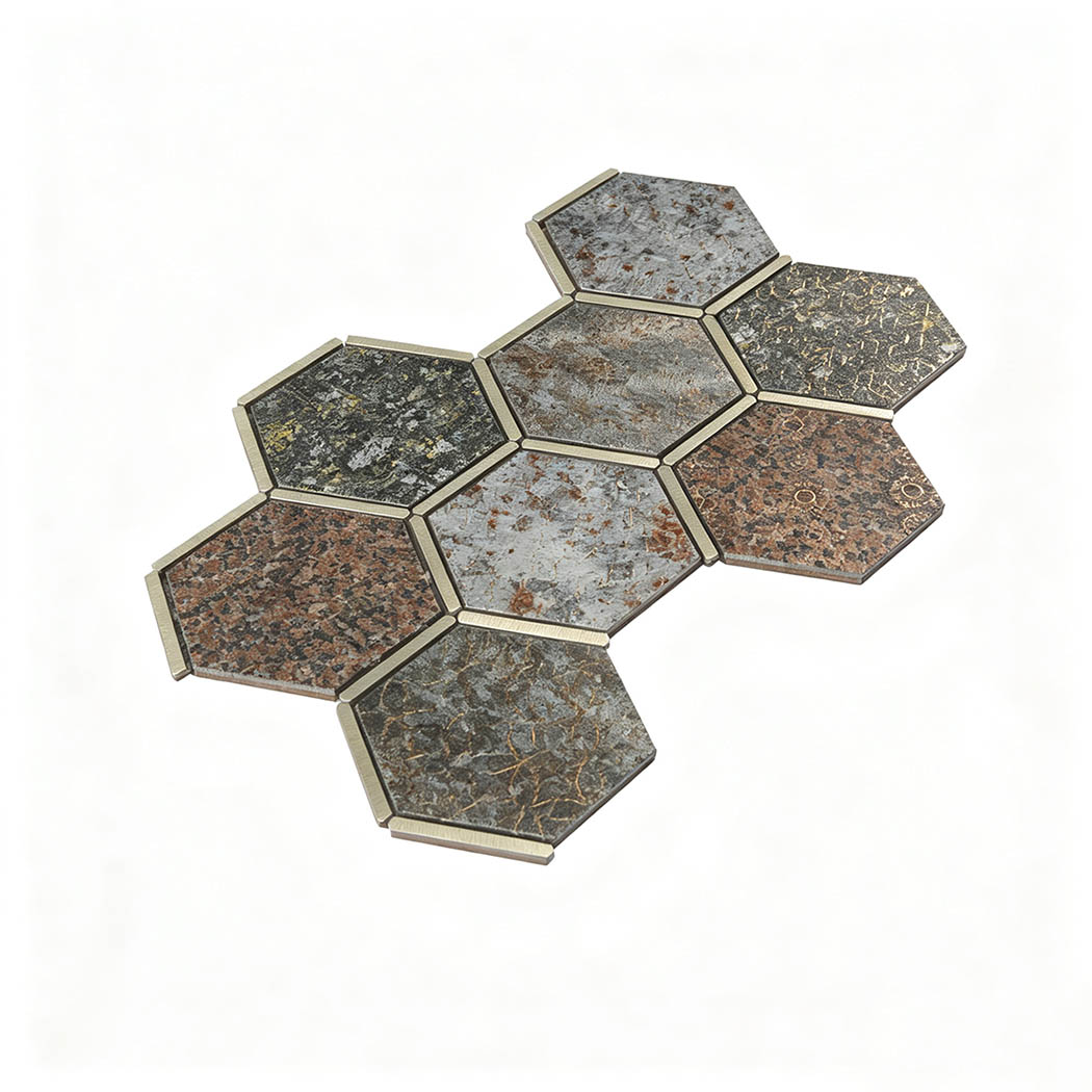 Angled view of mixed grey and brown aluminum hexagon mosaic tile sheet