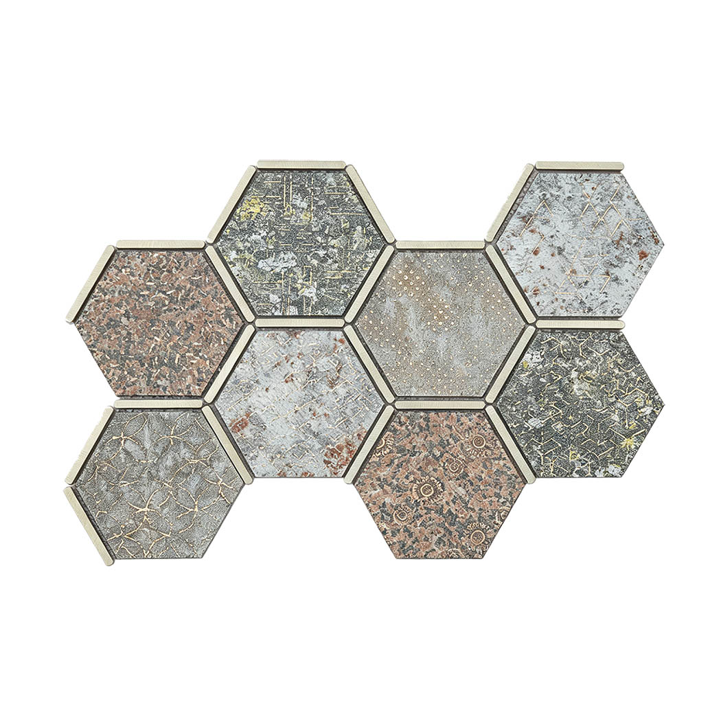 Mixed grey and brown aluminum hexagon mosaic tile sheet on white background