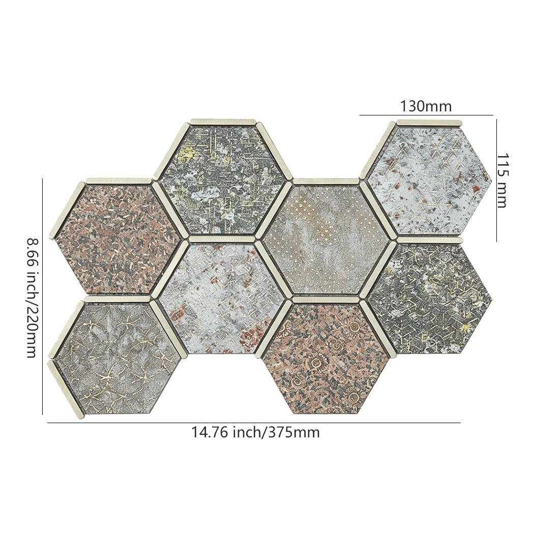 Mixed grey and brown aluminum hexagon mosaic tile sheet with size details