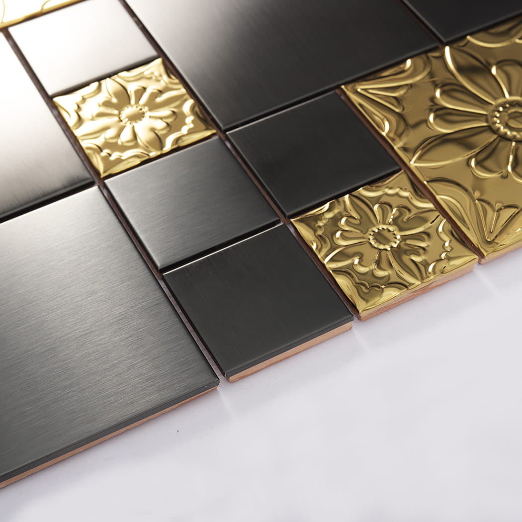 Mixed size black stainless steel mosaic tile with embossed floral gold accents