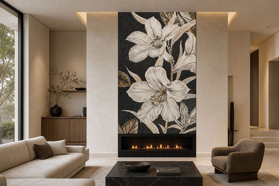 Luxury living room with modern fireplace tiles featuring floral mosaic feature wall