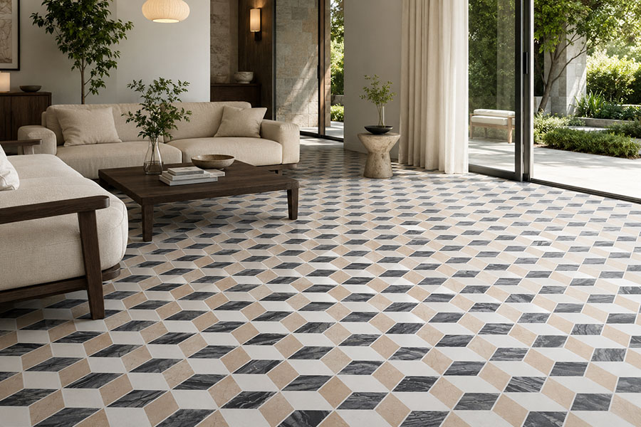 Modern floor tiles with beige, white and gray marble diamonds in a bright living room