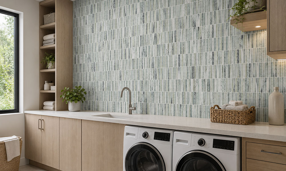 Modern laundry room with green marble mosaic wall, wood cabinets, sink, and appliances