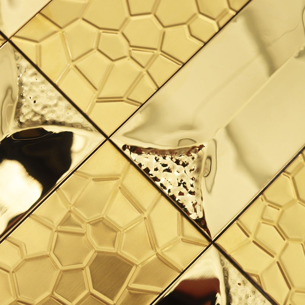 Modern mosaics gold metal tile with reflective and textured rectangular surfaces