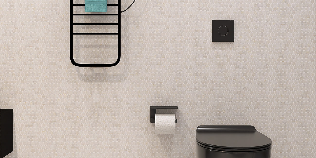 Modern bathroom with beige hexagon mosaic tiles, black toilet, and minimalist black fixtures.
