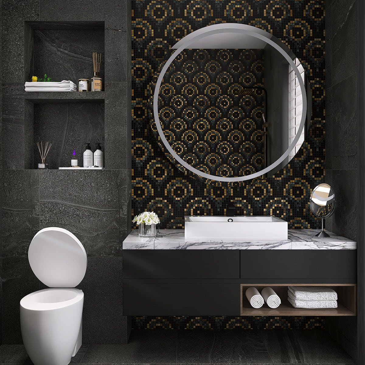 Modern bathroom with bold black and gold spiral mosaic wall design and round mirror
