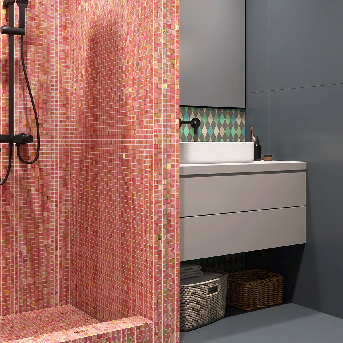 Modern bathroom with pink mosaic tiles on the shower wall