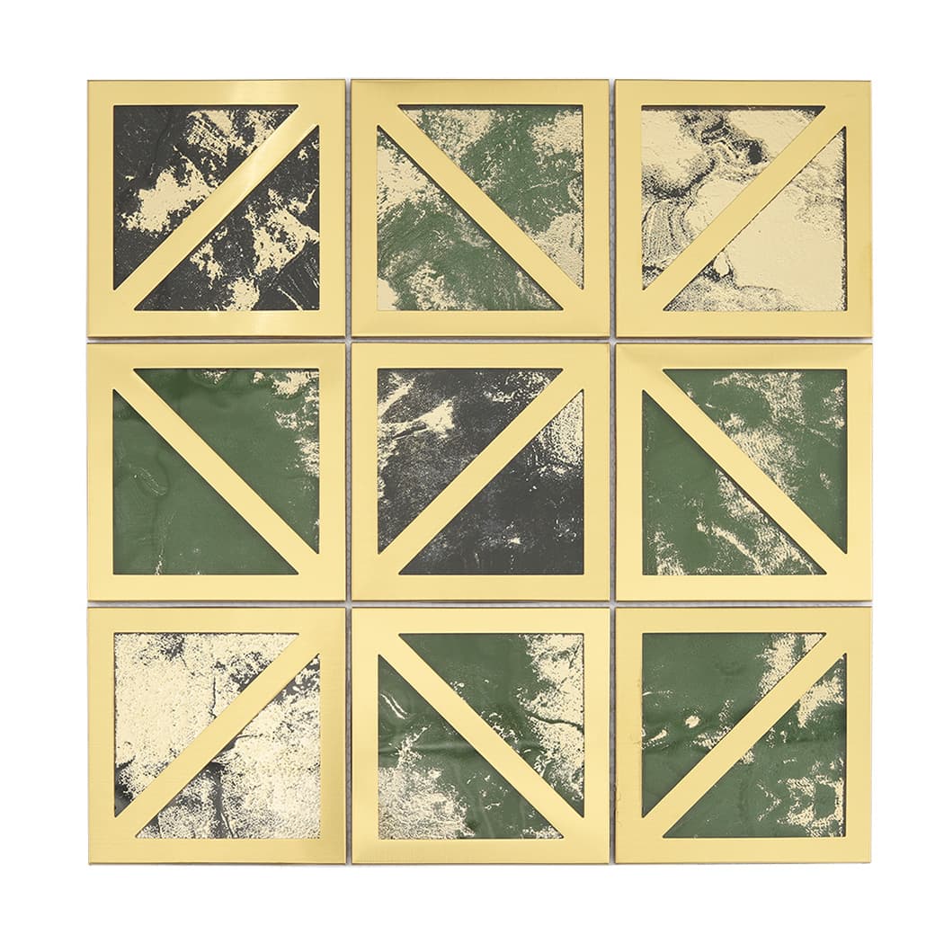 Top view of a 3x3 square mosaic tile sheet with green, black, and gold patterns.