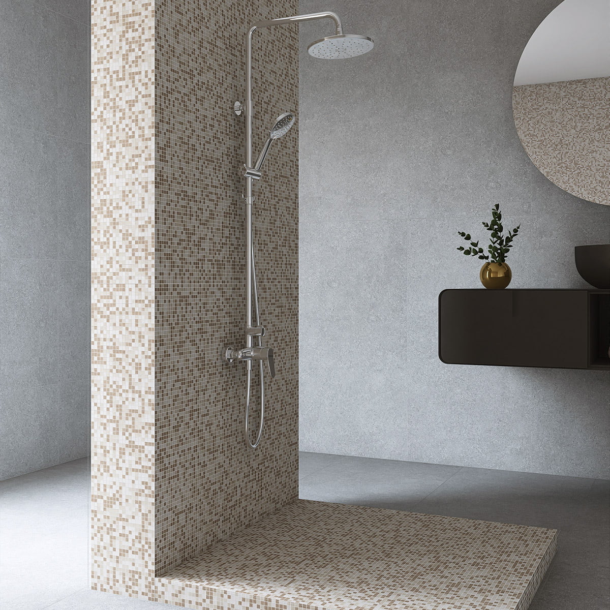 Modern shower featuring beige mosaic tiles on the wall and floor in a stylish bathroom