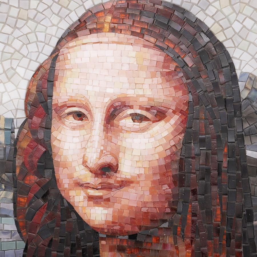 Close-up of Mona Lisa mosaic mural tesserae highlighting intricate color and texture details.