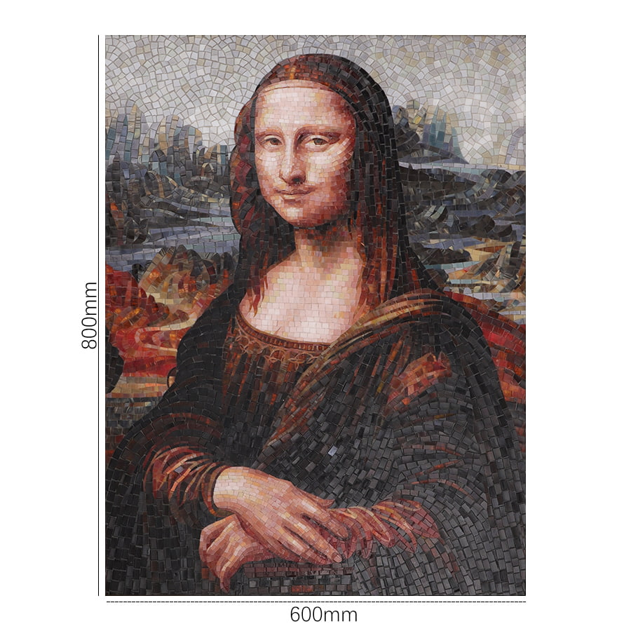 Mona Lisa mosaic mural measuring 600×800 mm on mesh backing for easy installation.