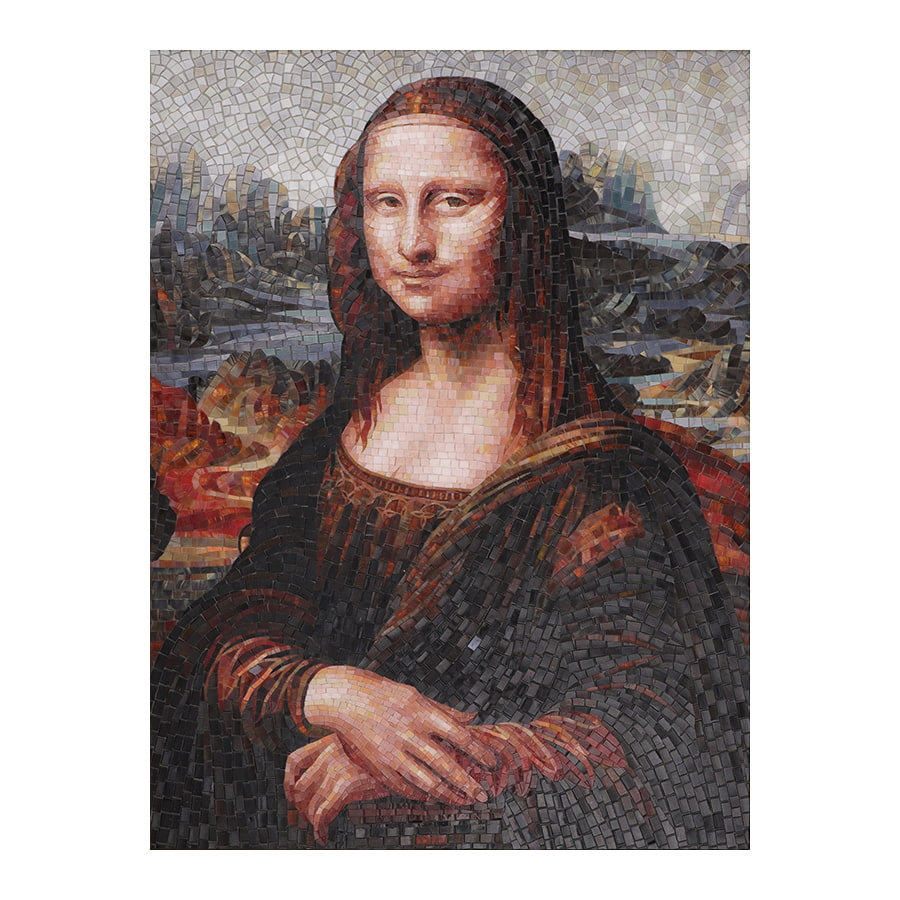 Full view of Mona Lisa mosaic mural showcasing thousands of precision-cut glass and stone tesserae.
