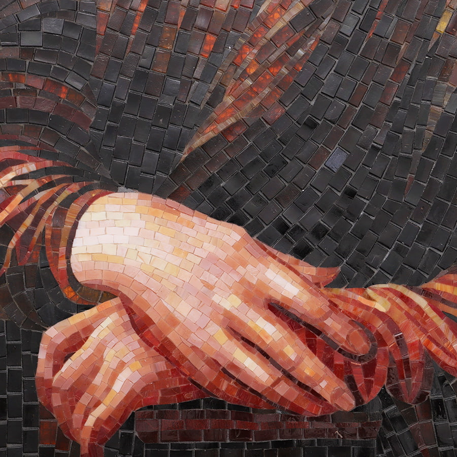 Detailed view of hands in Mona Lisa mosaic mural showing varied glass and stone tesserae.