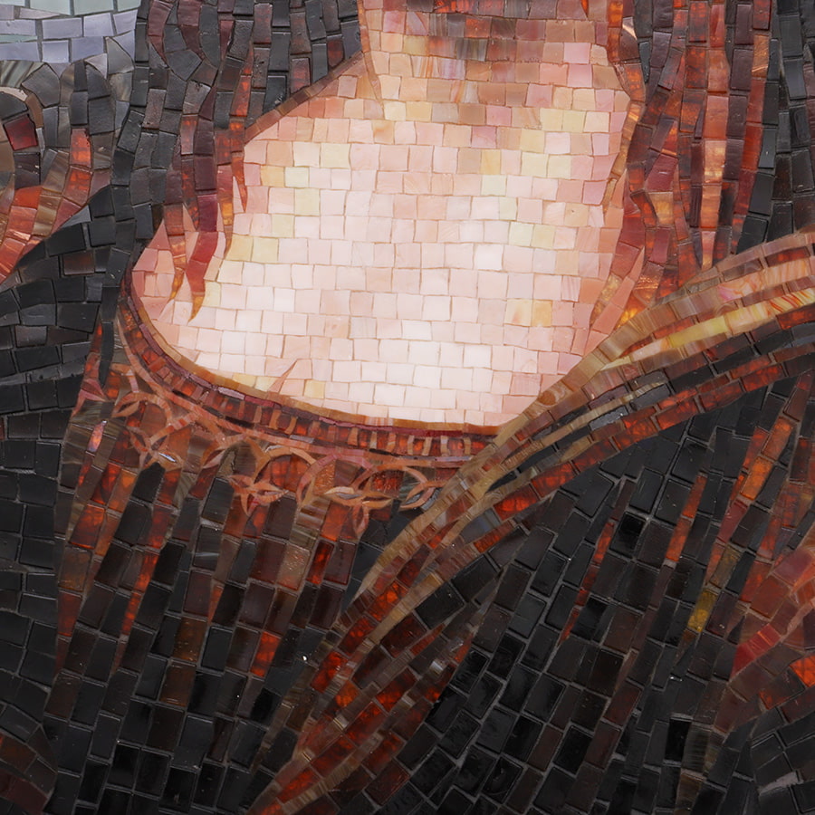 Close-up of Mona Lisa mosaic mural neckline highlighting intricate tessera pattern.