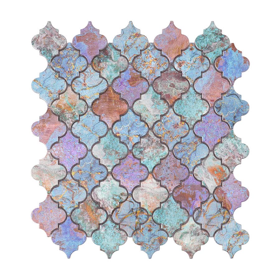 Full front view of Moroccan lantern aluminum mosaic tile with colorful patina texture.