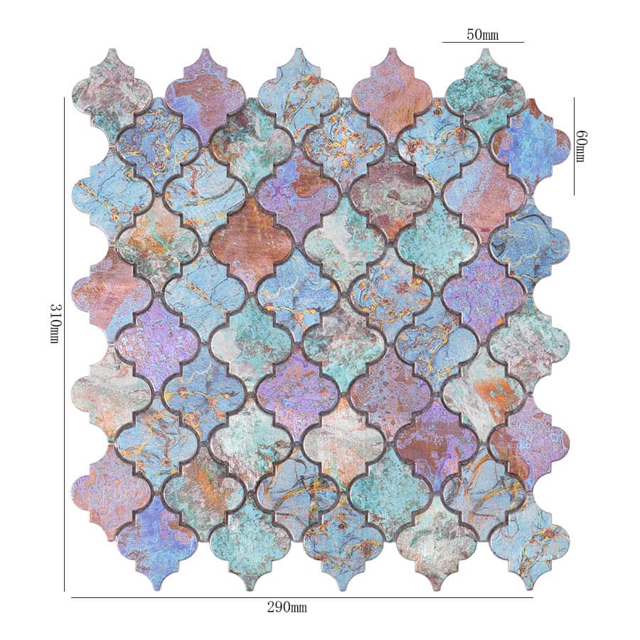 Colorful Moroccan lantern aluminum mosaic tile sheet with 290x310mm size and oxidized metallic finish.