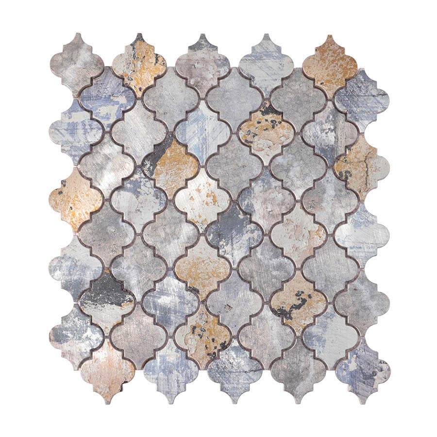 Front view of aluminum mosaic tile sheet with Moroccan lantern shape and mixed vintage metal tones.
