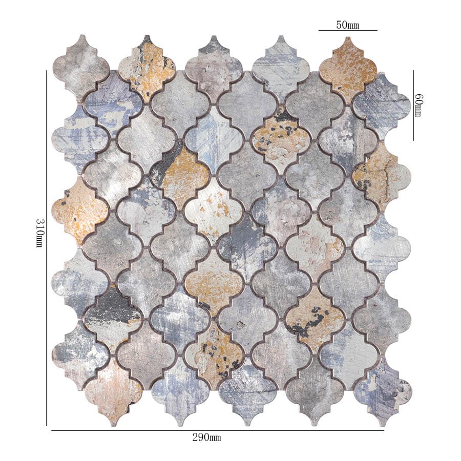 Aluminum mosaic tile sheet in Moroccan pattern with 290x310mm dimensions and brushed metallic finish.
