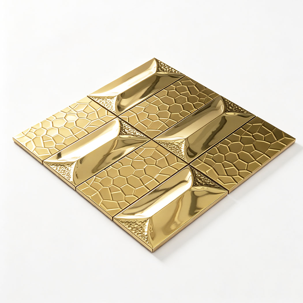 Gold mosaic stainless steel tile with raised geometric texture