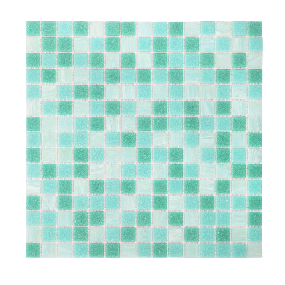 Mosaic tile sheet with shades of turquoise and green arranged in a grid pattern