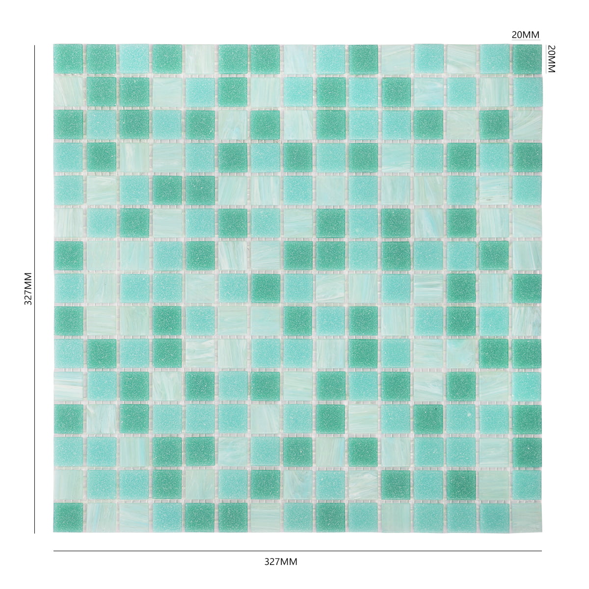 Mosaic tile sheet with turquoise and green squares, labeled with size details