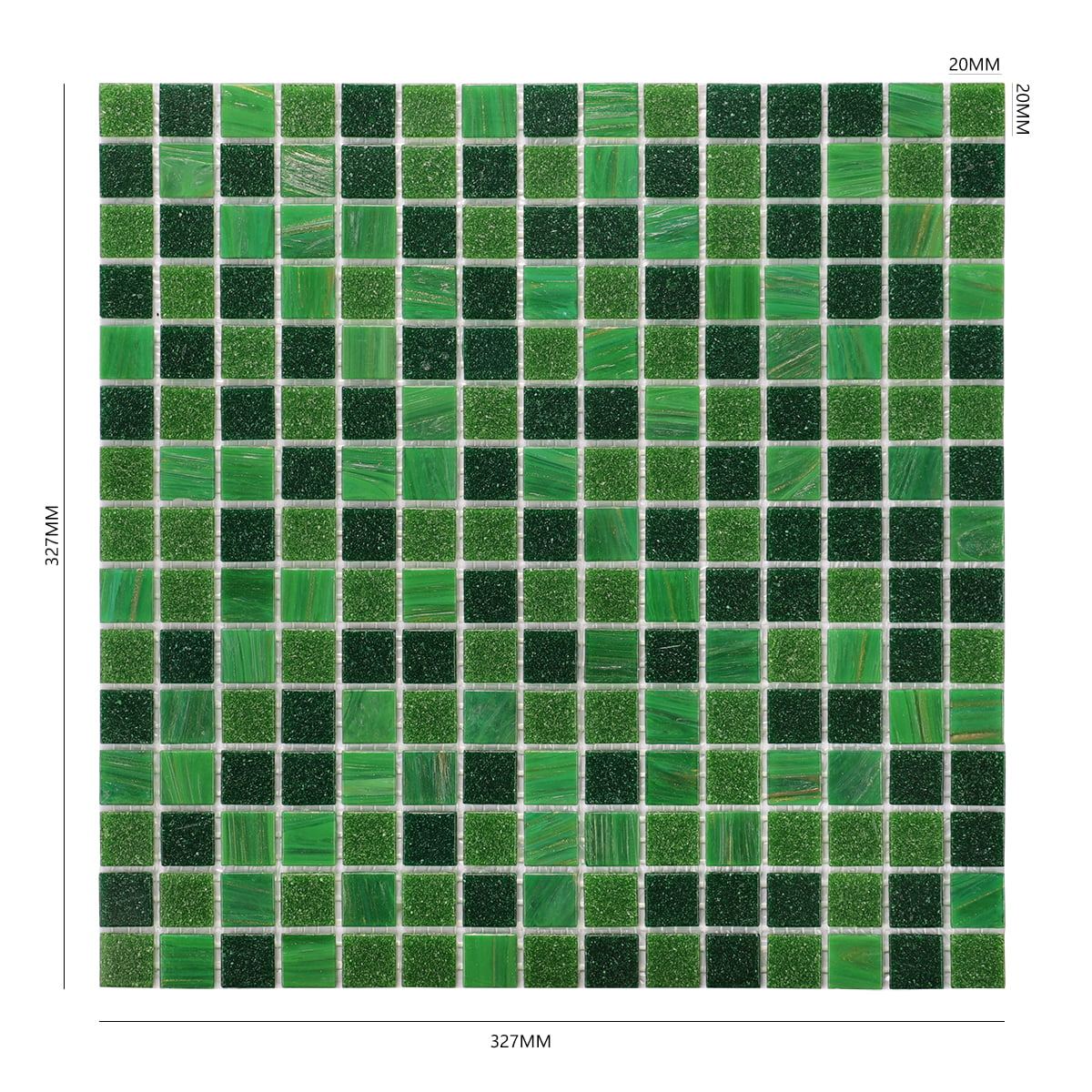 Mosaic tile sheet with varying shades of green in a grid pattern, labeled with size details