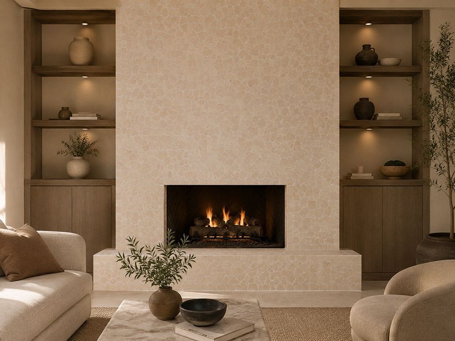 Natural marble fireplace feature wall with beige stone tiles and built in shelves