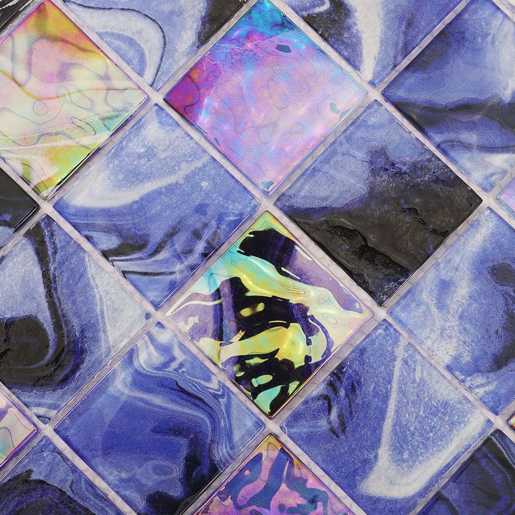 Close up of navy blue black and iridescent square glass mosaic tiles
