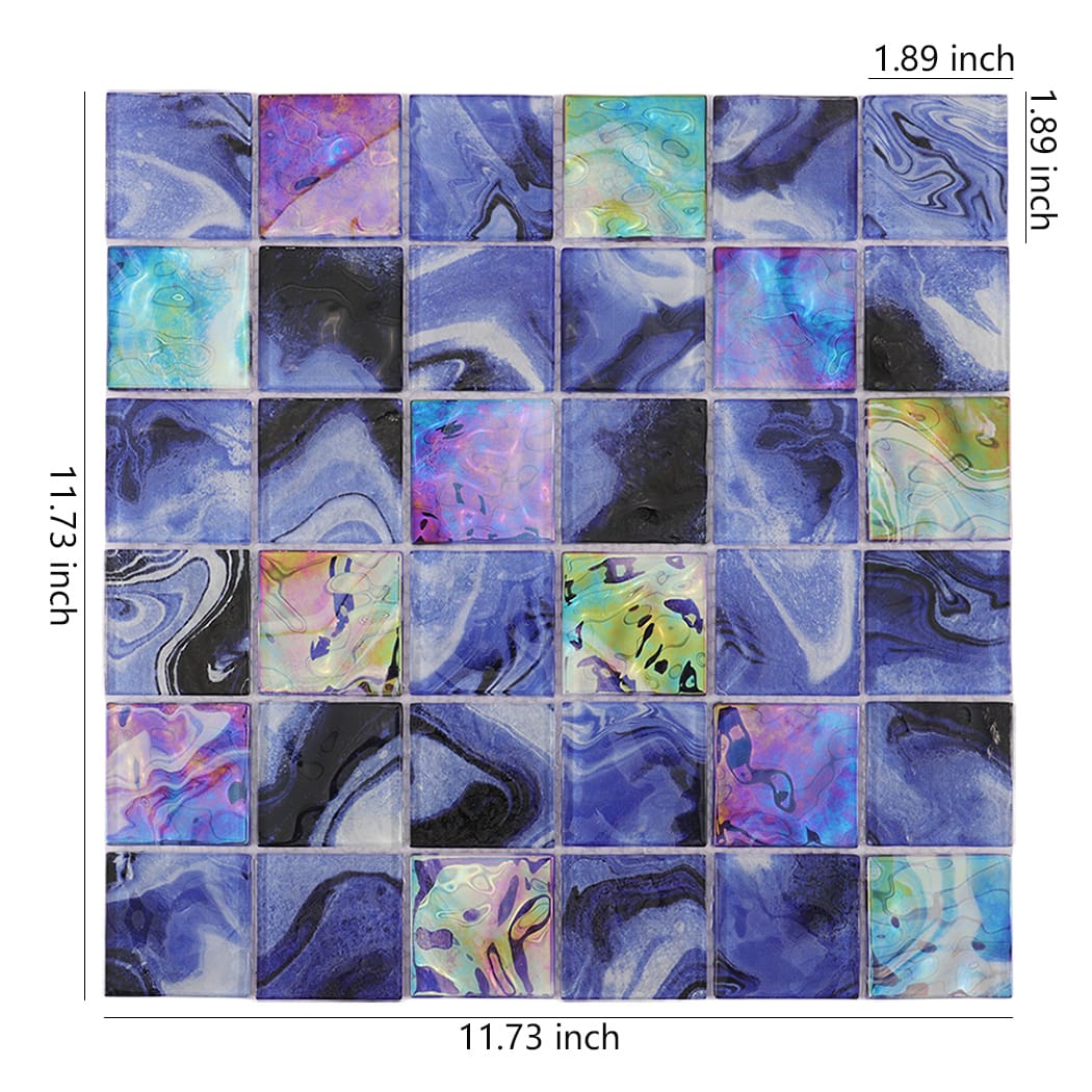 Navy blue iridescent square glass mosaic sheet with 1.89 inch tile dimensions