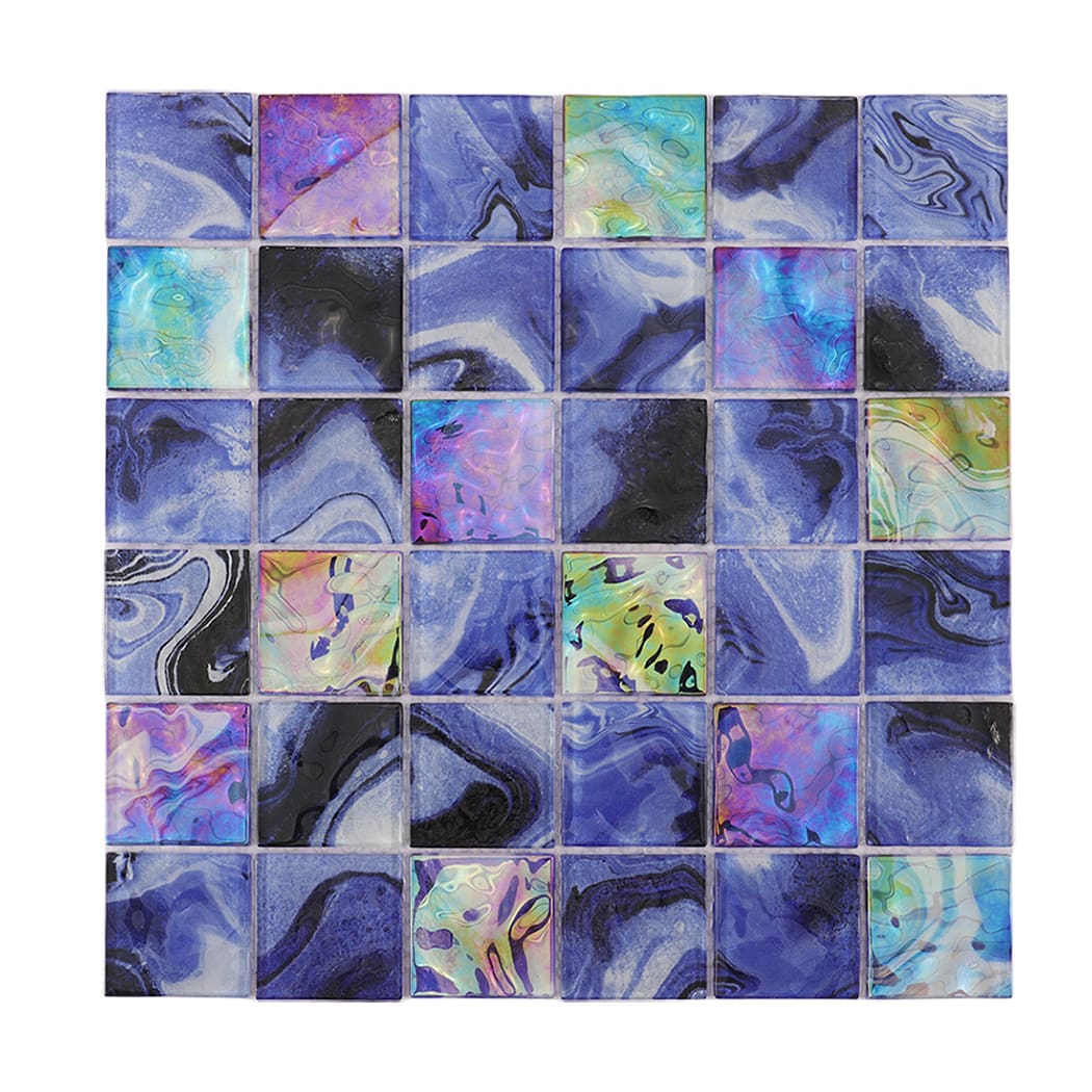 Navy blue iridescent square glass mosaic tile sheet on a white background