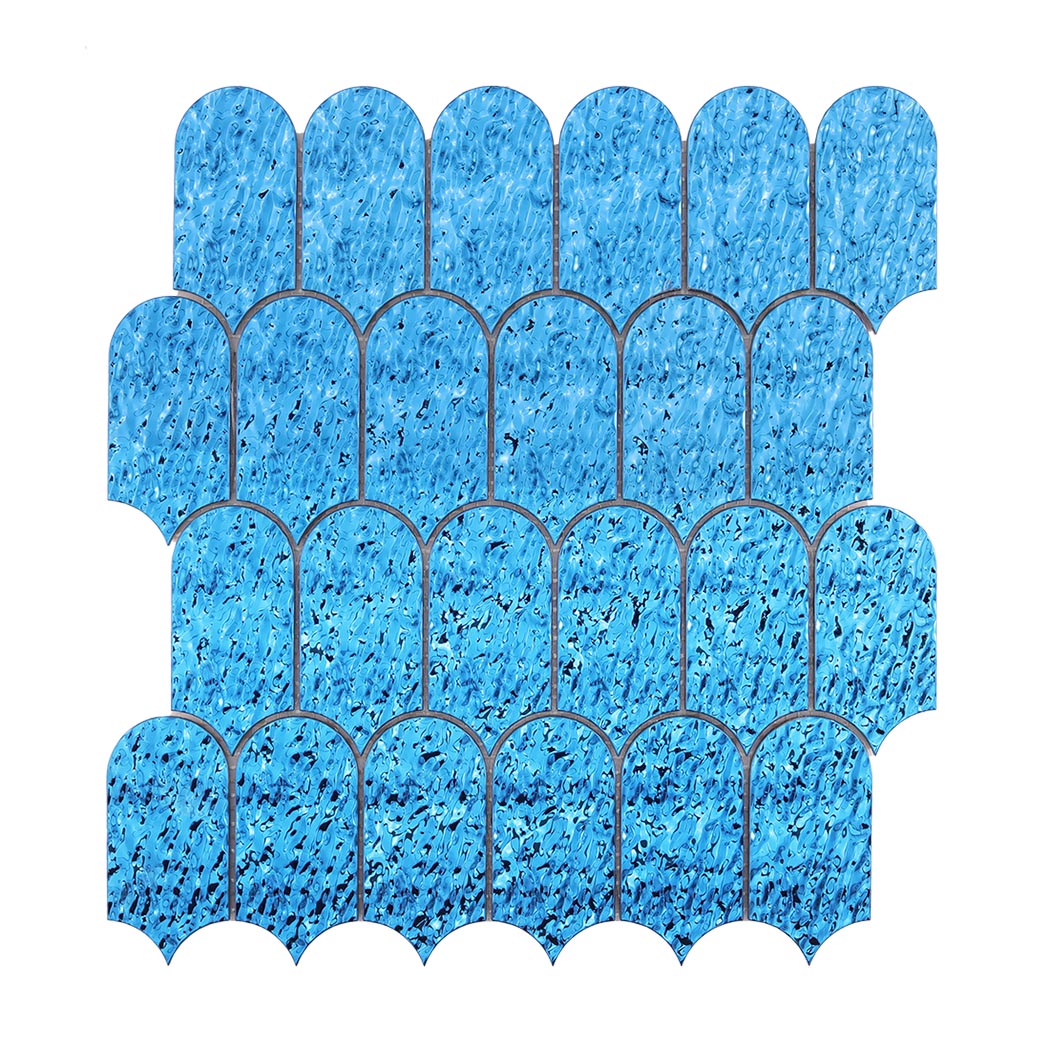 Front view of ocean blue ripple scallop mosaic tile sheet