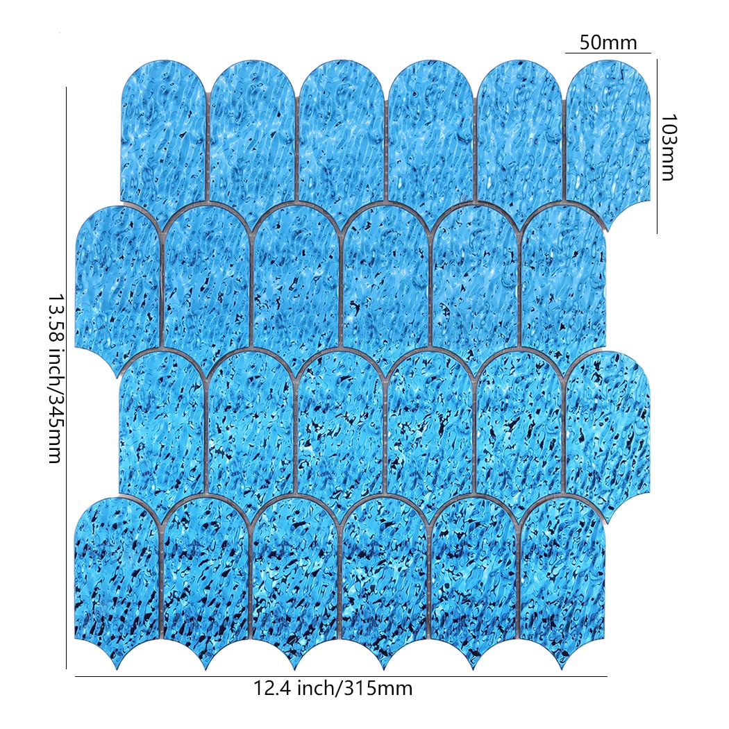 Ocean blue ripple scallop mosaic tile sheet with size details