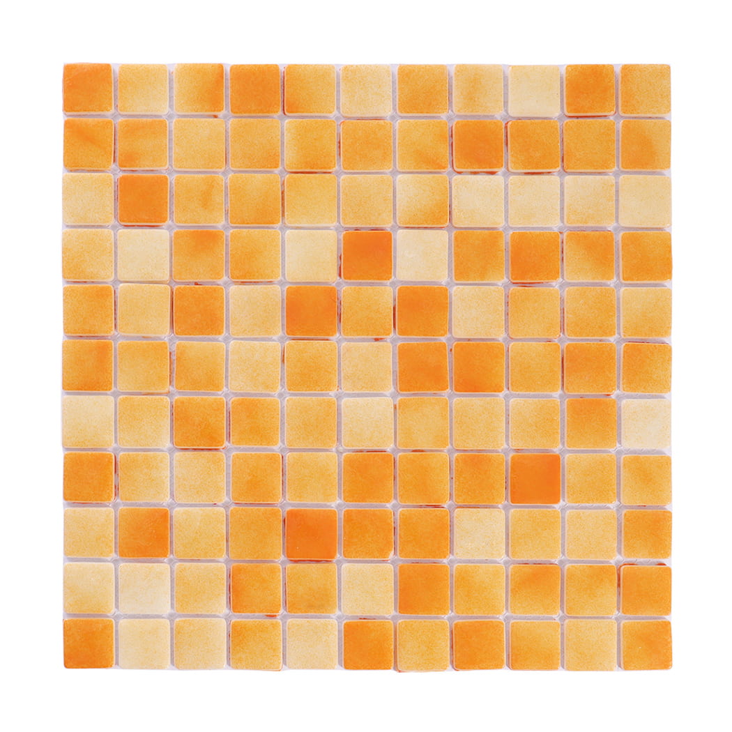 Front view of orange recycled glass square mosaic tile sheet