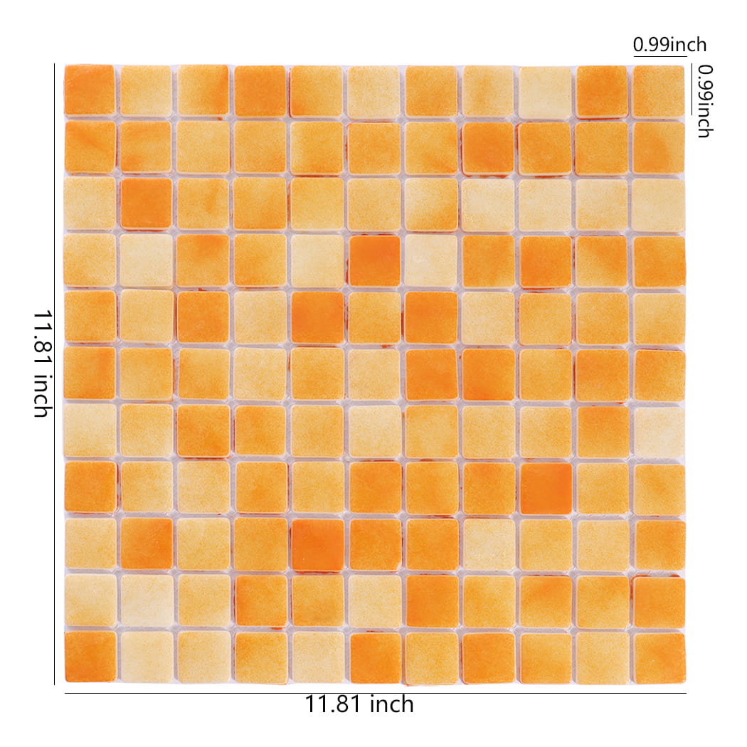 Orange recycled glass square mosaic tile sheet with size measurements
