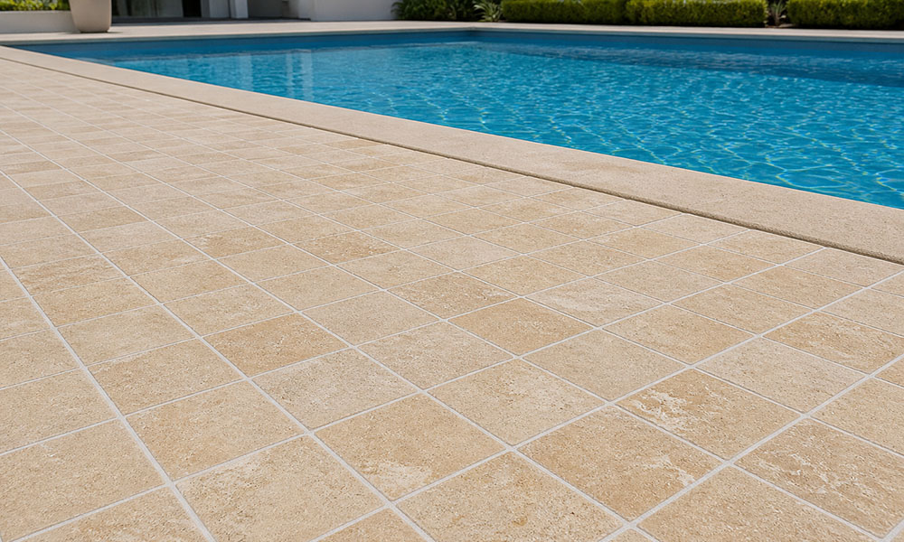Outdoor beige pool deck tiles with textured stone finish beside blue pool