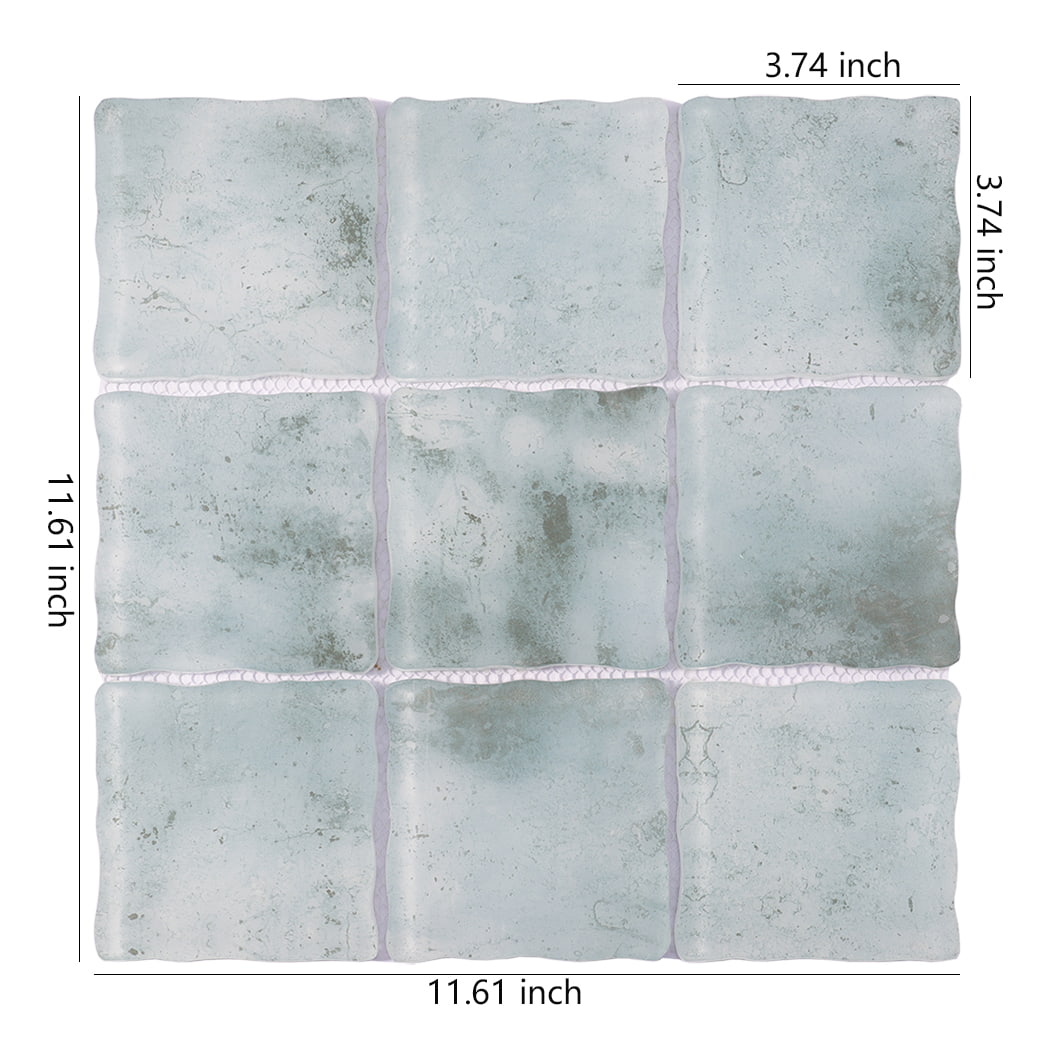Pale aqua wavy square glass mosaic tile sheet with 3.74 inch pieces