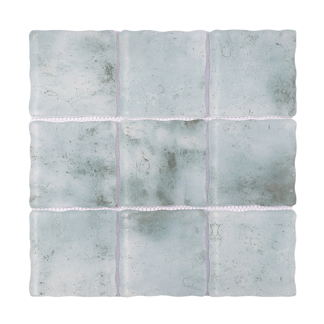 Pale aqua wavy square glass mosaic tile sheet with cloudy texture