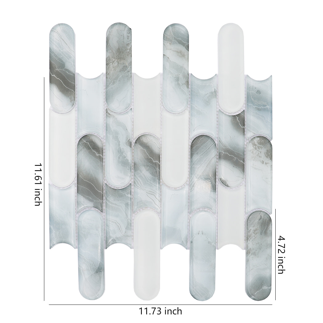 Pale blue gray and white rounded linear glass mosaic tile with size dimensions