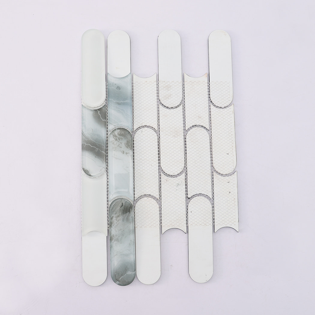 Back view of pale blue gray and white rounded linear glass mosaic tile on mesh