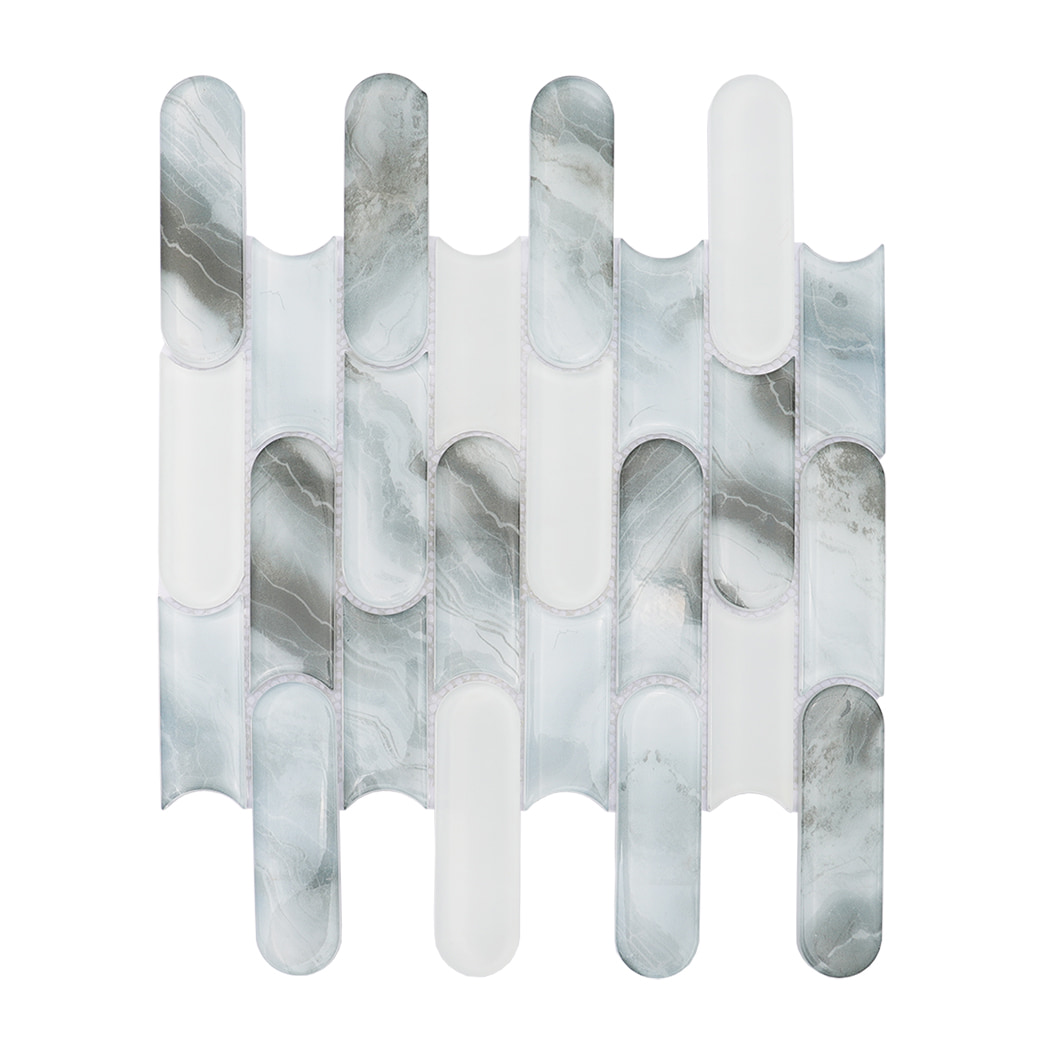 Pale blue gray and white rounded linear glass mosaic tile sheet on a white background